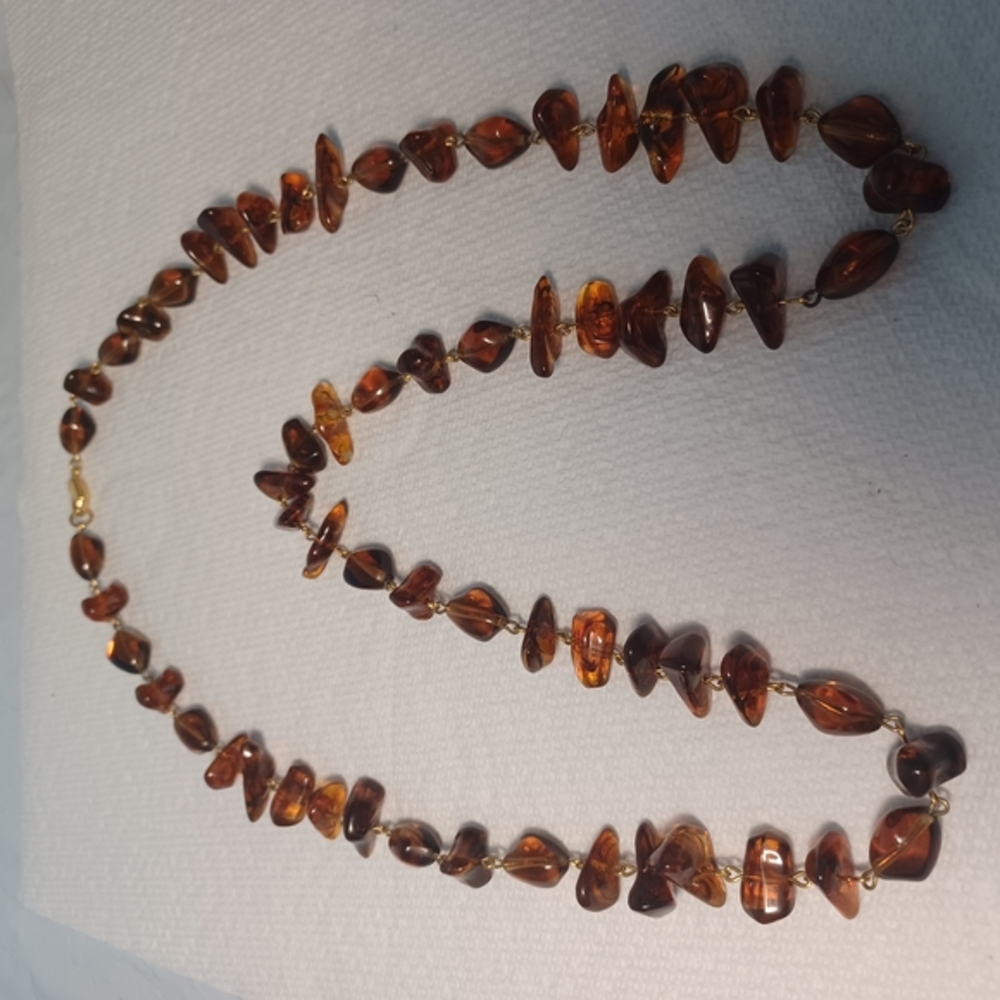 Amber Color Glass Bead Necklace 34" and Goldtone Chain